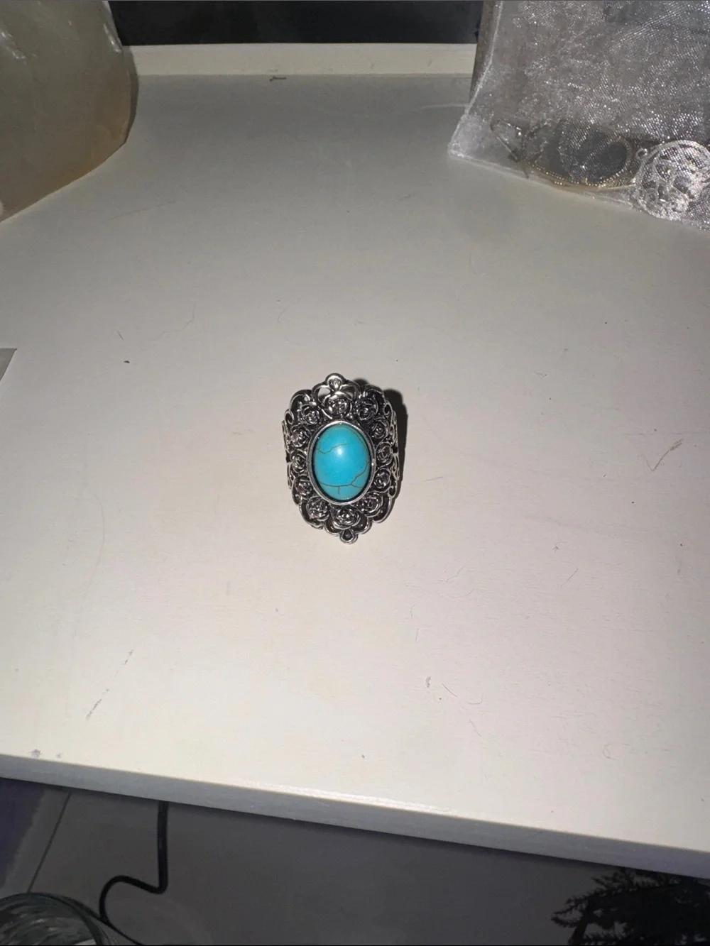 Silver-Tone Floral Ring with Turquoise Cabochon